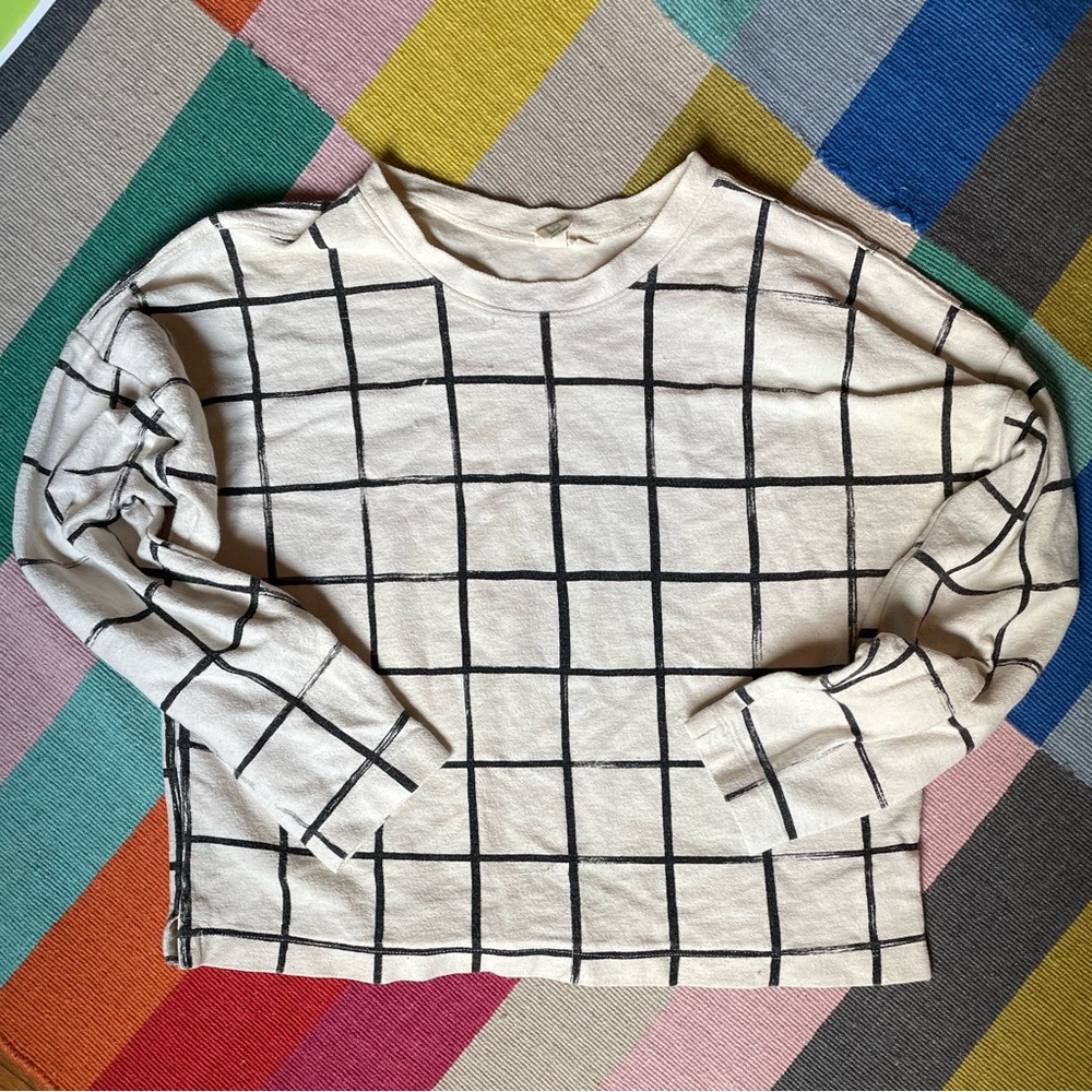 Grid Pattern Long Sleeve Top - Black and Cream